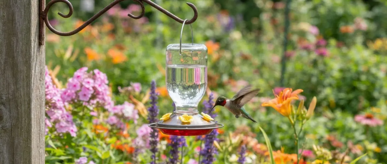 Clean hummingbird feeder near flowers