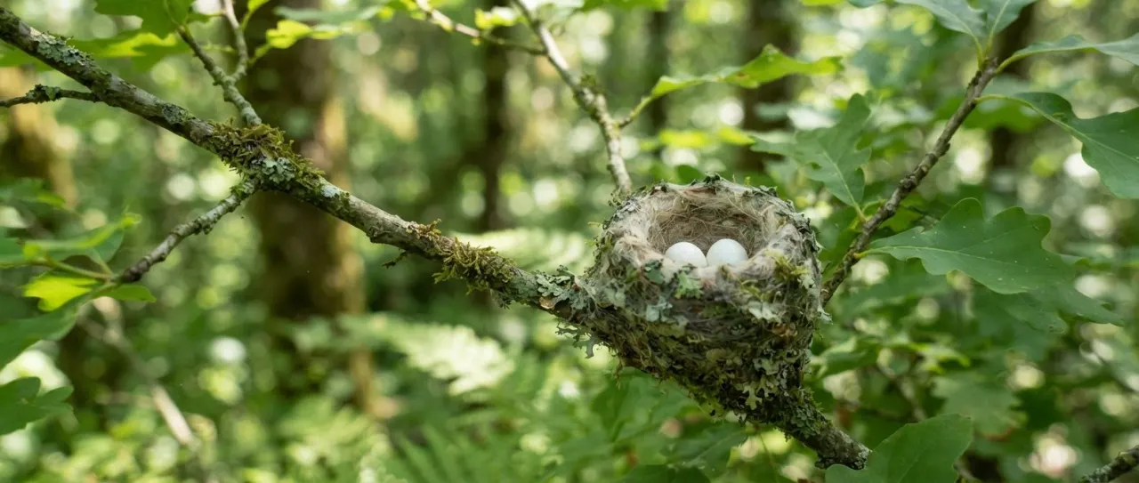 Tiny hummingbird nest on a branch